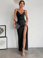 Kadın Askılı Kruvaze Yaka Derin Yırtmaçlı Krep Elbise