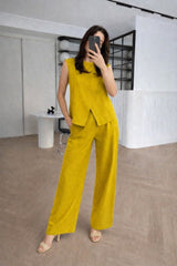 Kadın Keten Kumaş Asimetrik Kesim Bluz Ve Salaş Pantolon Ikili Takım