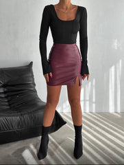 Kadın Yüksel Bel Yırtmaç Detay Mini Deri Etek