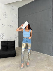 DİZ YIRTIK VARAKLI MOM KOT PANTOLON - Gold