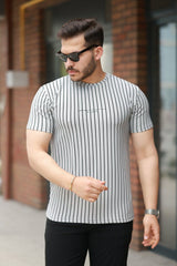 Erkek Dikey çizgili Ottoman Kumaş Kısa Kollu T-shirt