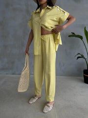 OMUZ MİDYE SIRALI BLUZ - PAÇA PENSLİ PANTOLON TAKIM - Sarı