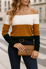 Kadın Uzun Kollu Omuzlardan Açık Uzun Kollu Blok çizgili Triko Bluz
