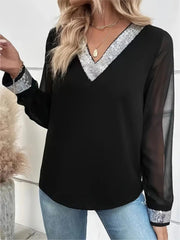 Kadın Uzun Kollu V Pulpayet Yakalı Ithal Krep Bluz