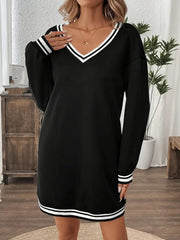 Kadın Uzun Kollu V Yakalı şerit Detaylı Kısa Viskon Iki Iplik Elbise