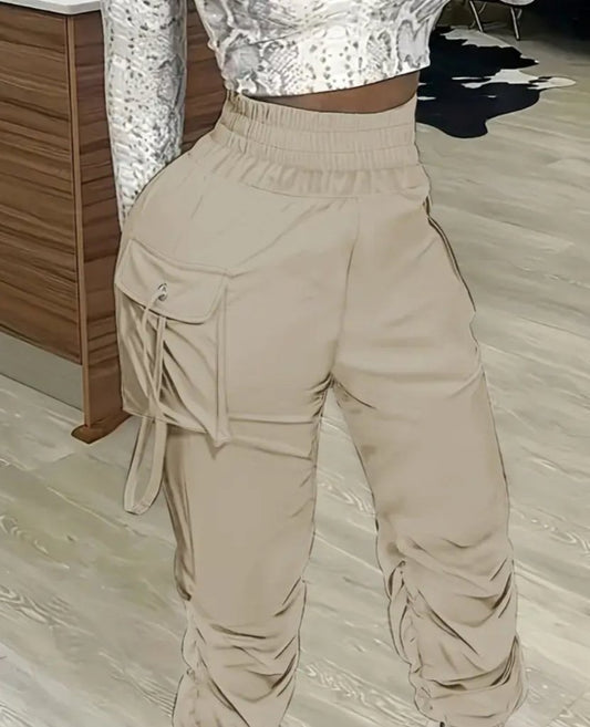 Kadın Yüksek Bel Beli Lastikli Kargo Cep Detaylı Gabardin Pantolon