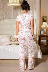 Ekru V Yaka Kısa Kollu Crop Pijama Takımı 7379