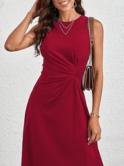 Kadın Sıfır Kollu Bisiklet Yaka Büzgülü Asimetrik Kesim Detaylı Janjan Krep Elbise