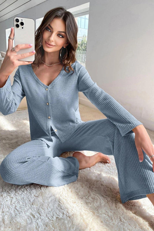 Mavi Hırkalı Pamuklu Pijama Takımı 7071