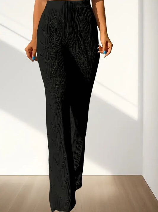 Kadın Yüksek Bel Bağcıklı Desenli Triko Plaj Pantolon