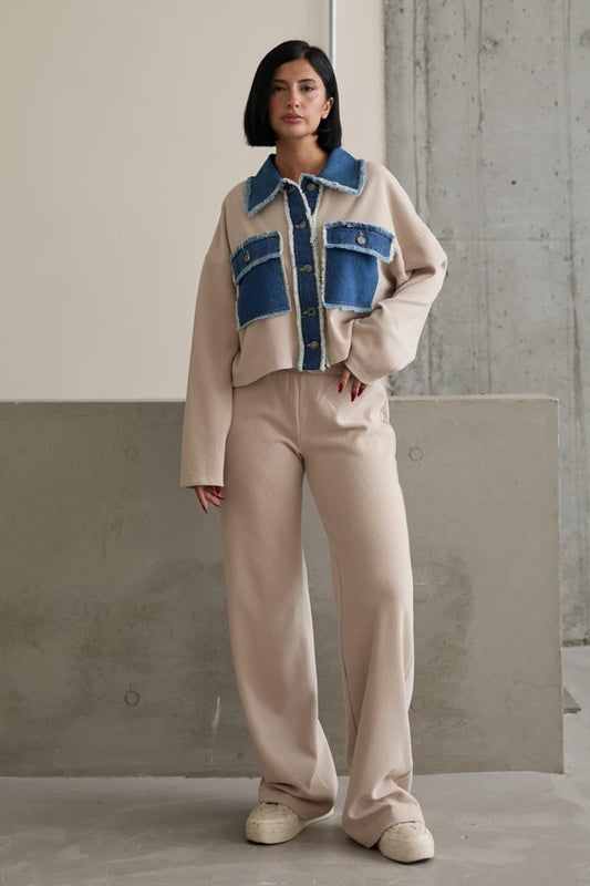 Bej Denim Garnili Gömlek Ve Pantolon Takım
