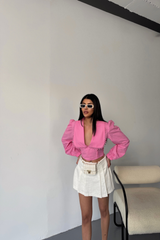CROP POPLİN GÖMLEK YAKA KENAR DANTEL DETAYLI - Beyaz
