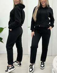 Kadın Uzun Kollu Kapşonlu Bağcıklı üç Iplik Bluz Ve Pantolon Ikili Takım