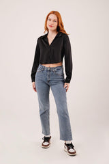 Saten Crop Model Kırmızı Gömlek