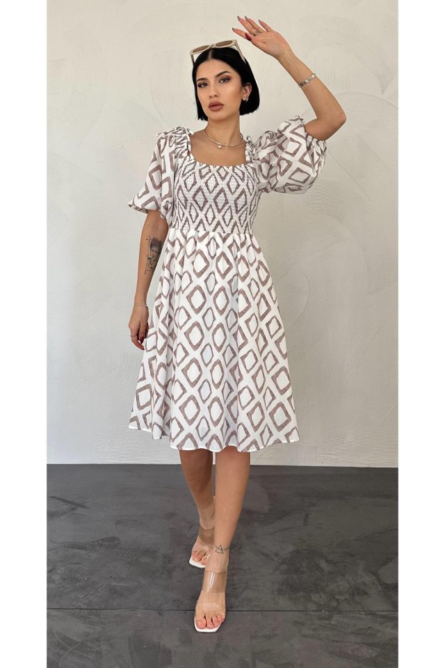 Oranj Kare Desenli Yazlık Elbise