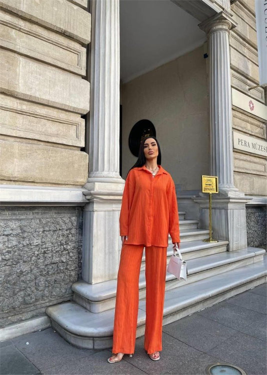 KENDİNDEN DESENLİ KRINKILL GÖMLEK - PANTOLON TK - Orange