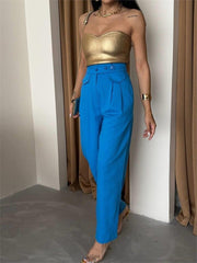 PANTOLON KAPALI CEP 3 DÜĞME DETAYLI - Mavi