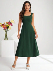 Kadın Askılı Kare Yakalı Midi Ithal Krep Elbise