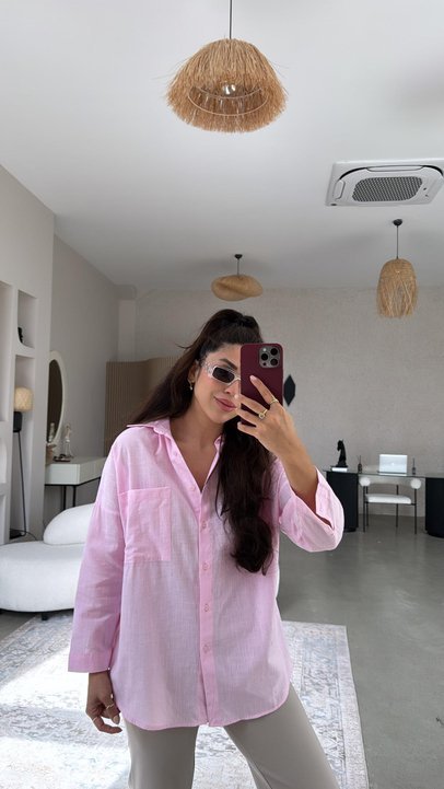 Kadın Flamlı Keten Tek Cep Oversızed Gömlek