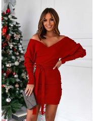 Kadın Uzun Kollu Kruvaze Yaka Bağcık Detay Akrilik Mini Boy Elbise