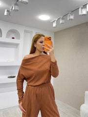 Kadın Uzun Kollu Omuz Dekolteli Bluz Ve Palazzo Pantolon Ikili Takım