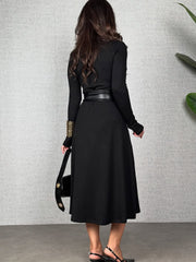 Kadın Uzun Kollu Yakalı Belden Deri Detaylı Kuşaklı Yırtmaçlı Midi Viskon Iki Iplik Elbise