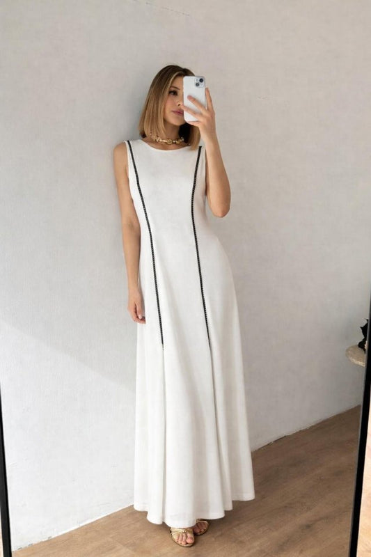 Kadın Bisiklet Yaka Kolsuz şerit Ve Plise Detay Maxi Boy Elbise