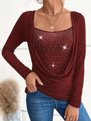 Kadın Uzun Kollu Derin Degaje Yakalı Taşlı Sandy Bluz