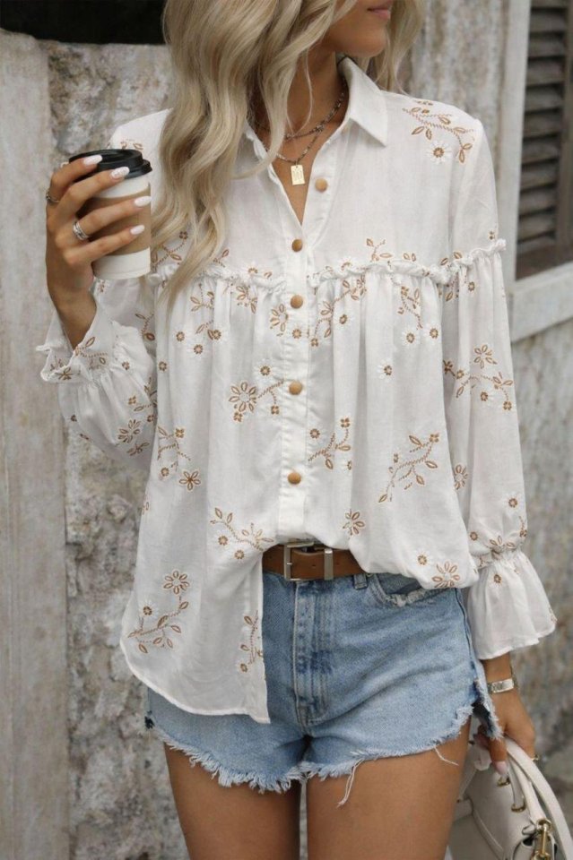 Kadın Nakış Işlemeli Kolu Volanlı Gömlek
