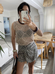 Kadın Askılı Yuvarlak Yaka Geometrik Desenli Triko Bluz