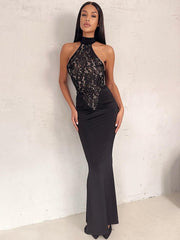 Kitap Okuyalım Mı Kitap Getir Kadın Halter Yaka Fantel Transparan Ve Sırt Dekoltesi Detay Maxi Boy Elbise