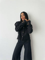 KETEN PÜSKÜL DETAYLI GÖMLEK-PANTOLON TAKIM - Ham