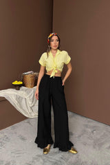 Siyah Paçası Fırfırlı Keten Pantolon