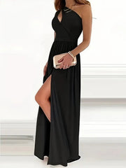 Kadın Omuzlardan Açık Asimetrik Yaka Detaylı Yırtmaçlı Maksi Boy Janjan Krep Elbise