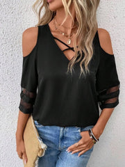 Kadın Kısa Kollu V Yakalı Soğuk Omuz Kolda Ip Detaylı Kolda şifon Tül Detaylı Janjan Krep Bluz