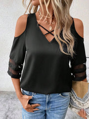 Kadın Kısa Kollu V Yakalı Soğuk Omuz Kolda Ip Detaylı Kolda şifon Tül Detaylı Janjan Krep Bluz