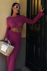 Göğüs Bağcık Detaylı Ajurlu Bluz Pantolon Takım 10098