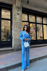 SATEN KRUVAZE BAĞLAMALI BLUZ- PANTOLON TAKIM - Mavi