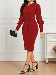 Kadın Uzun Kollu Bisiklet Yaka Beli Kuşaklı Ithal Krep Midi Elbise