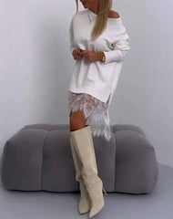 Kadın Uzun Kollu Kayık Yaka Peteği Dantel Güpür Detay 3 Iplik Kumaş Mini Elbise