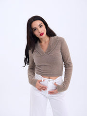 42531 TRİKO SİMLİ YAKALI CROP-ANTRASİT