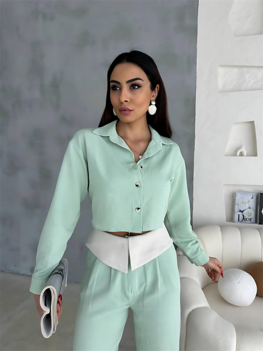 KETEN GÖMLEK-CROP-SALAŞ PANTOLON TAKIM - Mint