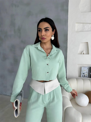 KETEN GÖMLEK-CROP-SALAŞ PANTOLON TAKIM - Mint