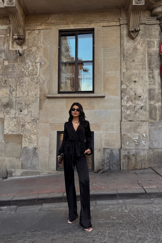 SATEN KRUVAZE BAĞLAMALI BLUZ- PANTOLON TAKIM - Siyah