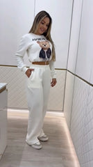 Kadın Uzun Kollu Bisiklet Yaka Desenli Iki Iplik şardonlu Bluz Ve Pantolon Ikili Takım