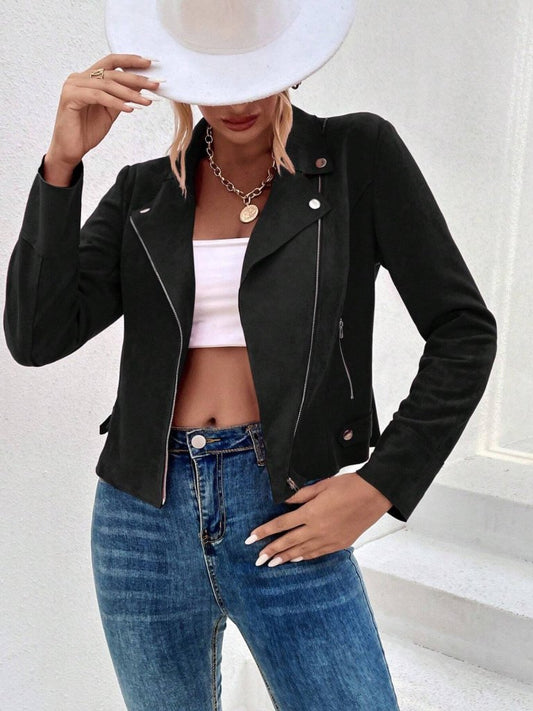 Kadın Uzun Kollu Yakalı önden Fermuarlı Kısa Süet Ceket