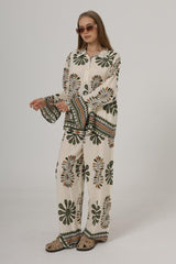 Desenli Kolları Volanlı Pantolon Takım - Haki