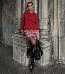 Kadın Uzun Kollu Bisiklet Yaka Kol Ağzı Ve Etek Ucu Baskılı Iki Iplik Elbise