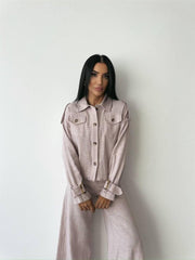 KETEN PÜSKÜL DETAYLI GÖMLEK-PANTOLON TAKIM - Ham