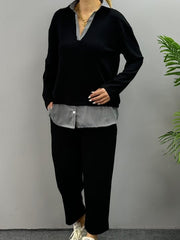 Polo Yaka Gömlek Detay Salaş Balon Pantolunlu ıkılı Takım